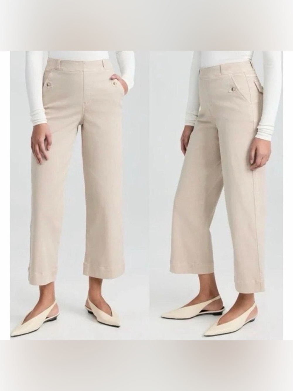 SPANX Stretch Twill Cropped Wide Leg Pants Bone Petite Size M NWT